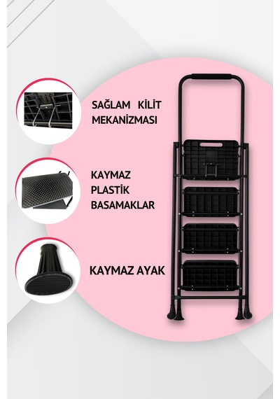 Portalife 4 Basamaklı Konfor Tutacaklı Çelik Şık Merdiven - Siyah 200 Cm'ye Kadar