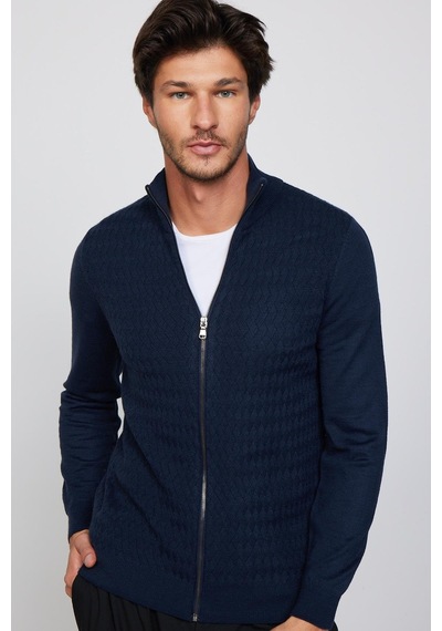 Tudors Slim Fit Desenli Dik Yaka Fermuarlı Lacivert Erkek Hırka-29571 Lacivert