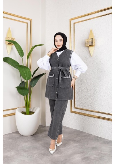 Harman Butik Kadın Boncuk İşlemeli Kuşaklı Yelek-pantolon 2li Takım Siyah Siyah