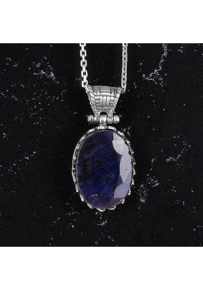 Doğal Taş Kolye - 925 Ayar Gümüş Kolye Safir