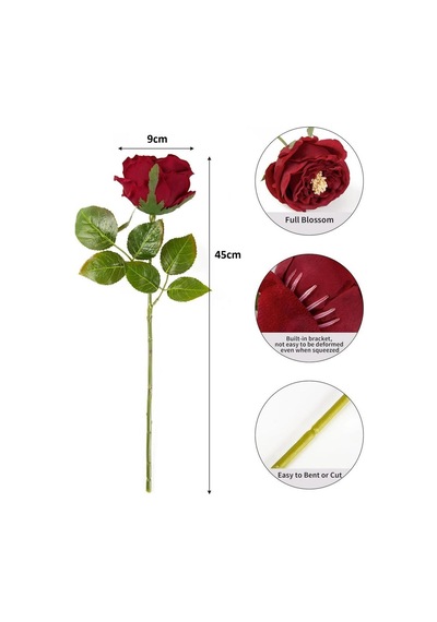 Yapay Çiçek Islak Gül Şakayık Katmerli Gül Bordo Renk Gerçeksi Dokunuş 45cm Kırmızı