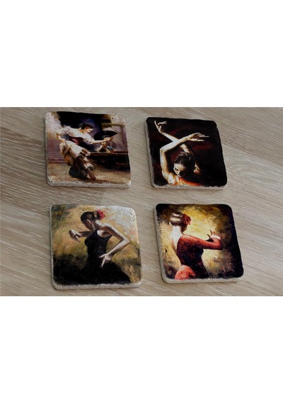 İspanyol Dansçı Kadınlar Doğal Taş Bardak Altlığı 4'lü Set - Natural Stone Coasters-174170 Çok Renkli