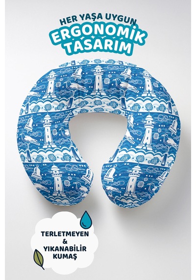 Deniz Feneri Desenli Ergonomik Boyun Yastığı - Marin Temalı Mavi Beyaz Yetişkin Seyahat Yastığı Çok Renkli