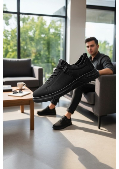 Enoch Hakiki Deri Siyah Nubuk Erkek Sneaker Ortopedik Taban Siyah