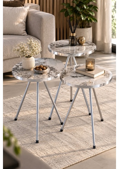 Sulorahome Gümüş Metal Ayaklı Mermer Desenli 3'lü Zigon Sehpa Takımı Beyaz - Ceviz