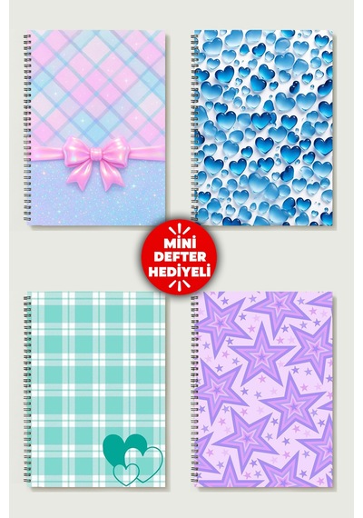 Kalp & Yıldız Temalı 4'lü Set A5 Metal Spiralli 2 Ad. Çizgili- 2 Ad. Kareli Karton Kapak Kalp & Yıldız Tasarım Temalı 4'lü Set Defter Çok Renkli