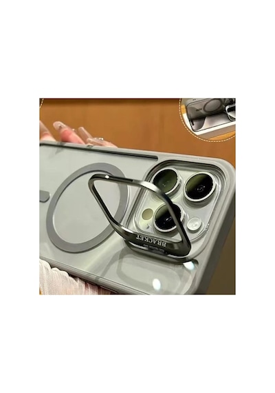 iPhone Uyumlu 14 Plus / 15 Plus Kamera Koruma Stantlı Magsafe Destekli Lens Koruyucu Telefon Kılıfı Gri