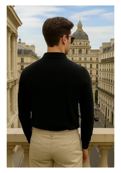 Erkek Uzun Kollu Günlük Salaş Polo Yaka Kazak Siyah
