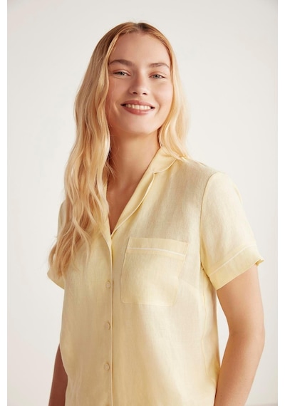 Penye Mood Kadın Kısa Kol Önden Düğmeli Şortlu Sarı Pijama Takımı C0t4n6o9 001