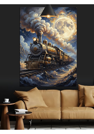 Gece,dolunay Ve Retro Kara Tren Dekoratif Kanvas - Mdf Ahşap Tablo