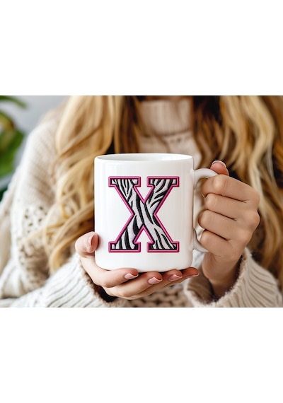 X Harfi Zebra Deseni Ve Pembe Kenarlı Kupa Bardak - Kişiye Özel Nakış Efektli - Siyah Beyaz Pembe Beyaz