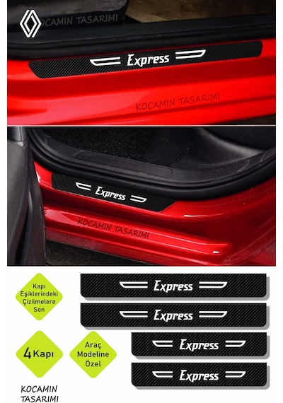 Express Yazılı Karbon Kapı Eşiği Renault Express İçin Siyah Dekoratif 2 Ön 2 Arka Kapı Koruyucu Set Renault Express