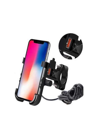 Powertec Motosiklet Telefon Tutucu USB Şarjlı Alüminyum Alaşım Gidon ve Ayna Bağlantılı