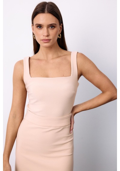 Sateen Kare Yaka Crop Bluz - Bej