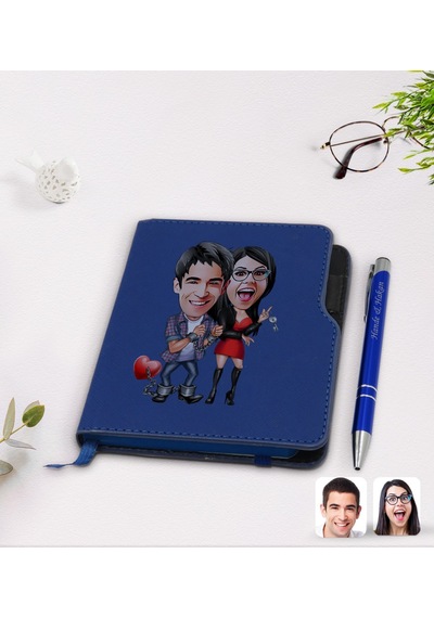 Kişiye Özel Sevgililer Karikatürlü Lacivert Termo Deri Defter Kal N11.2272