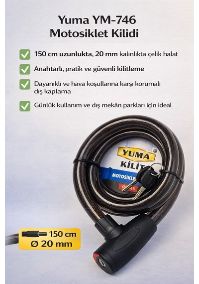 Yuma Motosiklet Kilidi 150 Cm 20 Mm Kalınlık, Anahtarlı Çelik Halat