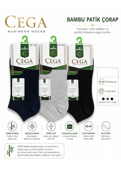 Çega Erkek Bambu Patik Çorap Dikişsiz Koku Yapmaz 6'lı Karışık