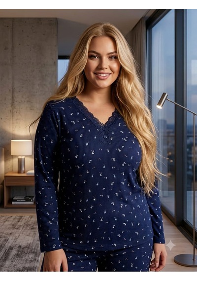 Kadın Büyük Beden Uzun Kollu Desenli Dantel Detaylı Kaşkorse Kumaş Pijama Takımı Lacivert