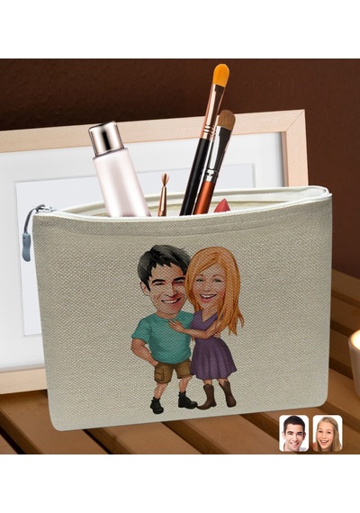 BK Gift Kişiye Özel Sevgililer Karikatürlü Keten Makyaj Çantası,