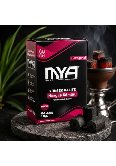 Mya Hexagonal Nargile Kömürü 1 Kg 64 Adet Doğal Hindistan Cevizi Kömürü, Uzun Yanış Süresi