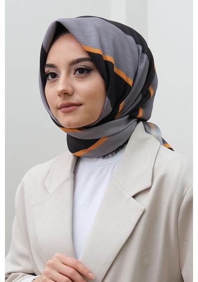 Afvente Çizgili Desen Gri Pamuk Eşarp
