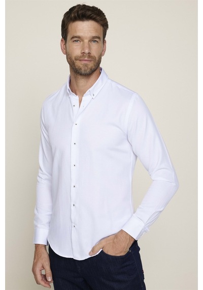 Tudors Slim Fit Düğmeli Yaka Pamuklu Kolay Ütü Düz Erkek Gömlek-26218-beyaz Beyaz