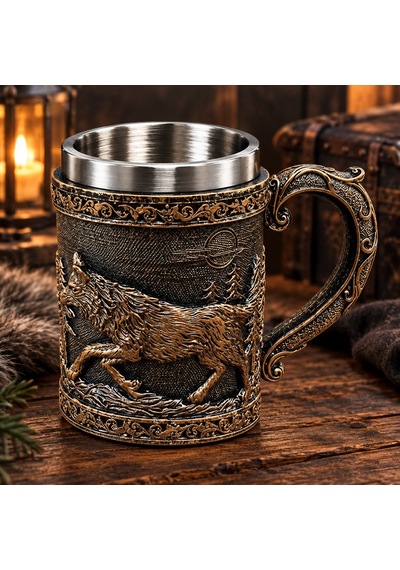 Antik Kurt Figürlü Viking Tasarımlı Metal Kupa Diğer