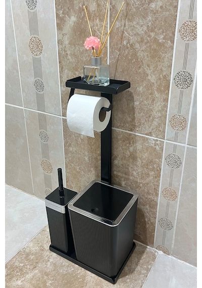 6 Parça Banyo Seti Çöp Kovası, Wc Fırça, Tuvalet Kağıtlık, Diş Fırçalık, Sıvı Sabunluk, Sabunluk Krom - Siyah