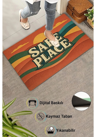 Valerine Life Safe Place Vintage Sunset Dijital Baskılı Ev Ofis İşyeri Dış Kapı Önü Paspası 45x70cm Kahverengi