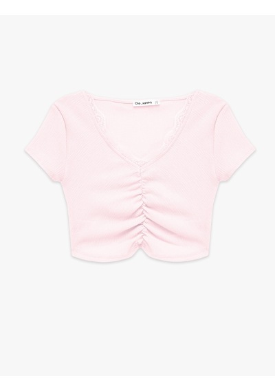Koton Bürümcük Kumaş Dantelli Slim Fit V Yaka Büzgülü Tişört Pembe 6sal10641ık Gül