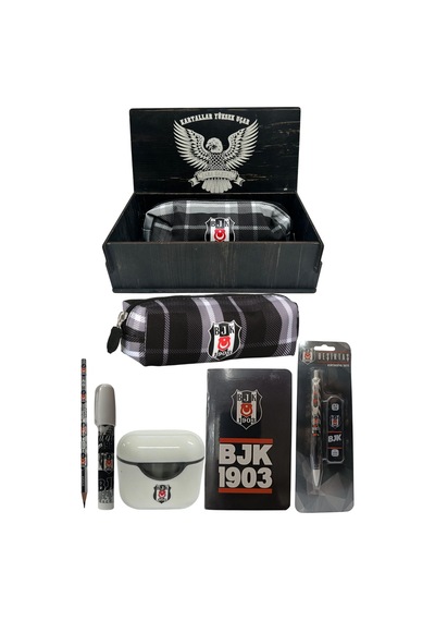 Bjkset098 Beşiktaş Orjinal Lisanslı Beyaz Air Kalemtraş Ahşap Kutulu 6'lı Kırtasiye Seti Kırmızı - Siyah