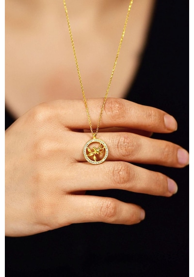 Zirkon Taşlı Gold Yuvarlak Kuş Yuvası Gümüş Kolye N10101