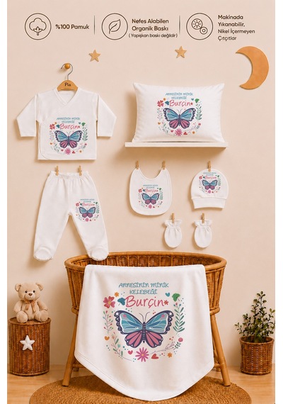 Pia Baby Kız Bebek Hastane Çıkışı 11 Parça %100 Pamuk İsimli Kişiye Özel Organik Baskılı Set 2041110x Ekru
