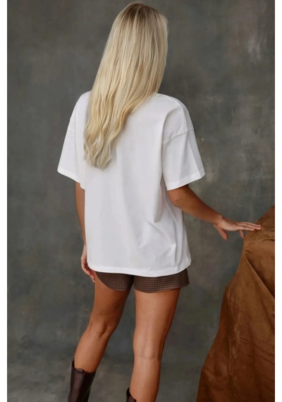 Hiccup Kadın %100 Pamuk Bisiklet Yaka Oversize Beyaz Baskılı T-shirt