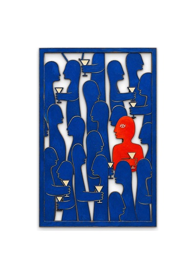 Mavi Kalabalıkta Kırmızı Figür Metal Tablo 62x95 Cm Çok Renkli