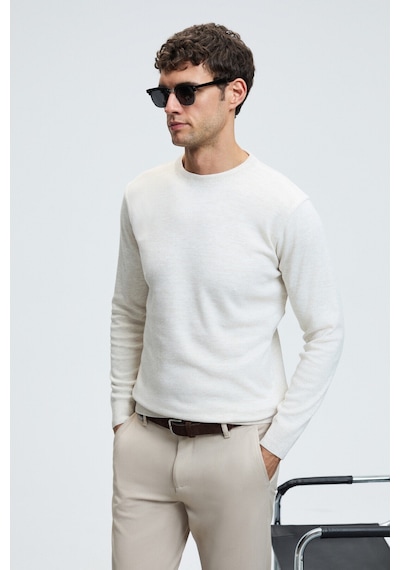 Grımelange VAREX Erkek Yuvarlak Yaka Basic Slim Fit Triko Ekru Kazak
