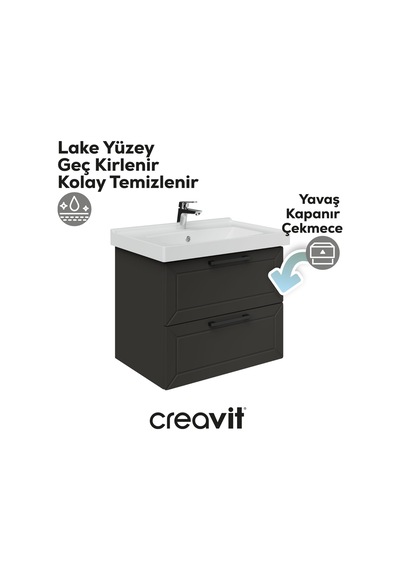 Creavit D20 65 Cm İki Çelmeceli Lavabo Dolabı Antrasit Lake Kapak Antrasit