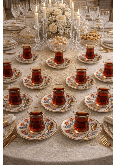 12 Li Yaldızlı Osmanlı Motif Porselen Çay Tabağı Desenli Çay Tabak Çok Renkli