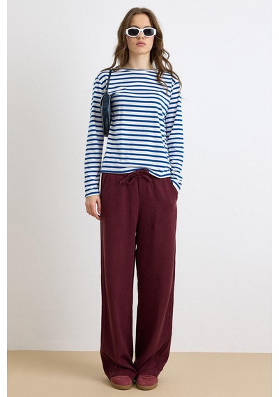 Olcay Beli Lastikli Rahat Kesim Soft Denim Pantolon Bordo 7587