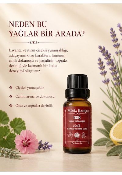Minia Bahçe Bitki Ve Sanat Atölyesi Aşk Love Uçucu Yağ Karışımı Lavanta Paçuli Adaçayı Limon ve Itır Yağları 10 ML