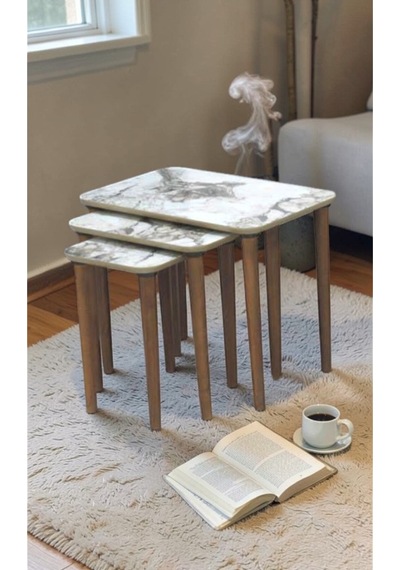 Msy Home Venüs Modern 3 Lü Zigon,orta,yan Sehpa Mdf İç İçe Geçen Pratik Sehpa Seti Beyaz Mermer