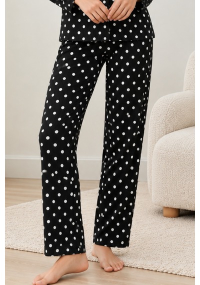 Kadın Gömlek Yaka Desenli Siyah Pijama Takımı 4812