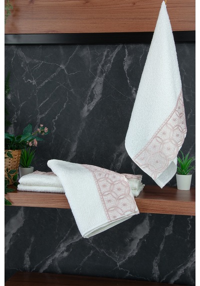 Dantelli Güpürlü Lüks %100 Pamuk Çeyizlik 6 Lı El Yüz Havlu Seti 40x70 - Pembe - 4400 Pembe