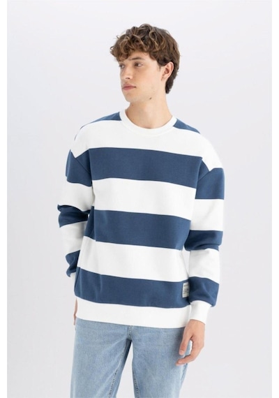 Defacto Boxy Fit Bisiklet Yaka Çizgili Sweatshirt A9066AX24AUBE88 Mavi