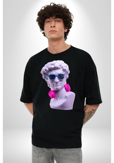 Kulaklık Gözlük Pop Art Heykel Pamuklu Bisiklet Yaka Unisex Oversize Boyfriend Dijital Baskılı Siyah T-shirt Siyah