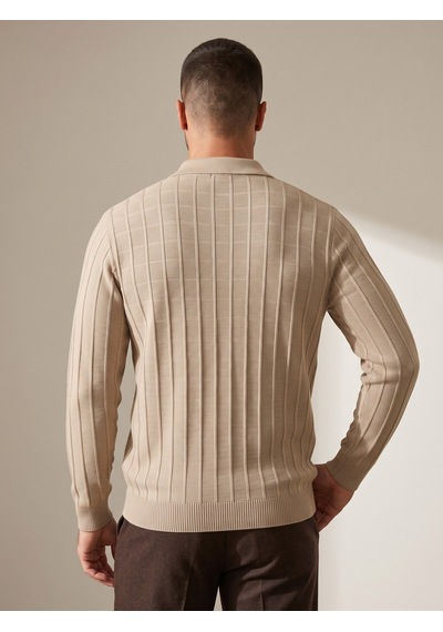 Maccali Erkek Bej Fitil Detaylı Fermuarlı Polo Yaka Triko Sweatshirt