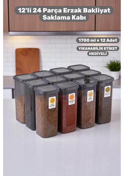 12 Adet 1.7 Lt Bakliyat Saklama Kabı Seti-hava Geçirmez Kapaklı-çok Amaçlı Mutfak Kiler Düzenleyici Gri - 749360748 Gri