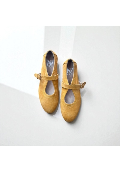 Ne&ve Shoes Hardal Süet Hakiki Deri Tokalı Kadın Babet
