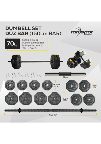 Tan Spor 70 KG Dambıl Halter Ağırlık Fitness Düz Bar Seti Kırmızı Kapaklı 150 CM