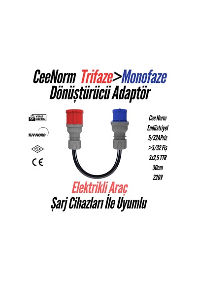 Bemis Elektrikli Araç Şarj Uyumlu Ceenorm Adaptör 5/32a Priz 3/32a Fiş 5/32a Priz 3/32a Fiş